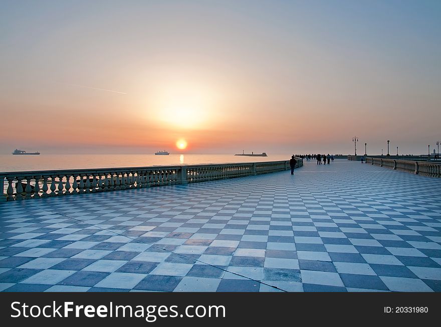 Terrace on the sea with sunset in the evening. Terrace on the sea with sunset in the evening