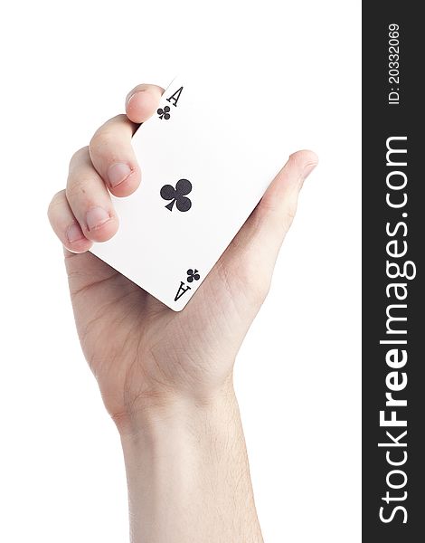 A hand holding playing cards against a white background
