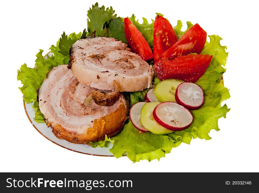 Roast pork in tomatoes on the white background