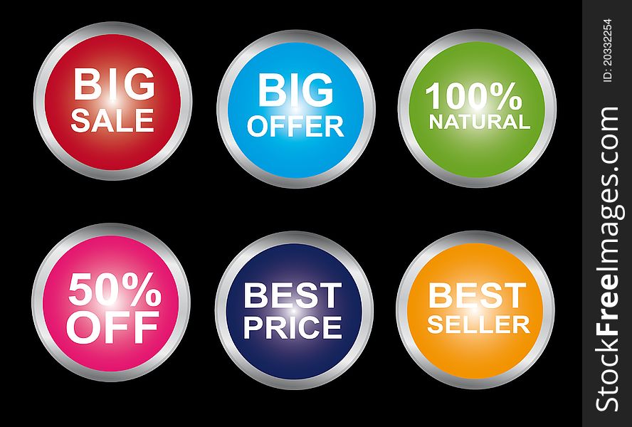 Colored buttons with silver edge isolated over black background