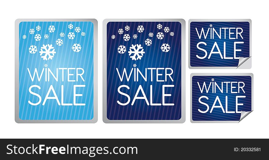 Blue, white and gray winter sale label isolated over white background