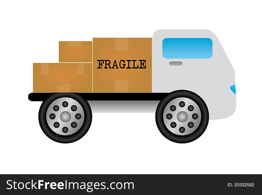 White truck with fragile merchandise isolated over white background. White truck with fragile merchandise isolated over white background