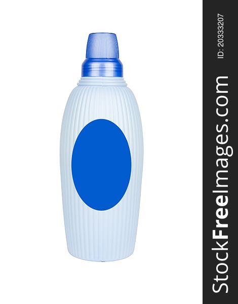 Big blue plastic bottle with blank label isolated on white background