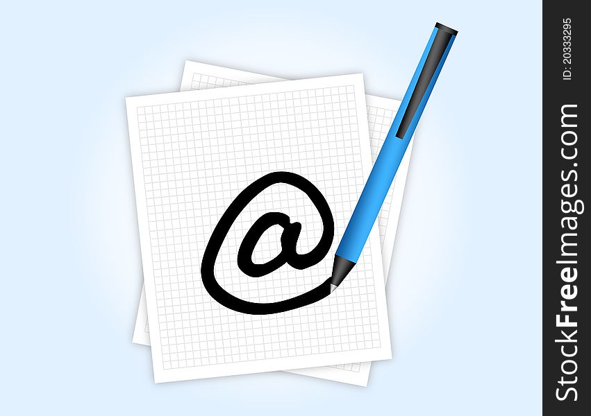 White paper with blue pen drawing sign over blue background. White paper with blue pen drawing sign over blue background