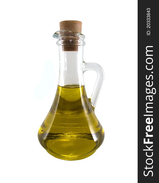 Sunflower oil in a carafe on a white background