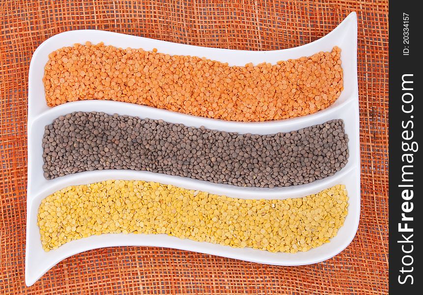 Three types of dried lentils