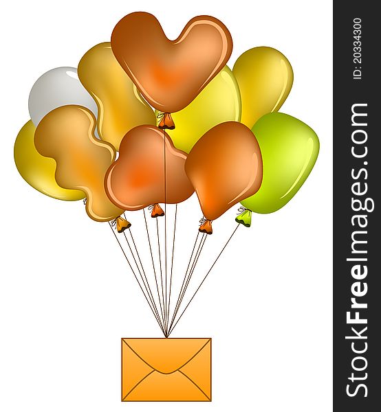 Various balloons fly with holiday mail, on white background. Various balloons fly with holiday mail, on white background