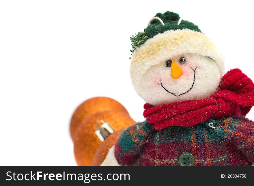 Smiling snowman toy isolated on white