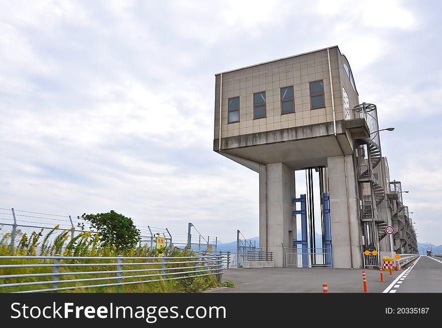 Dam gates along the road between Isahaya to Obama, Japan