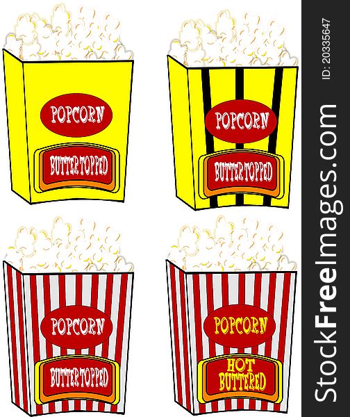 Bags of popcorn in various styles including retro on white