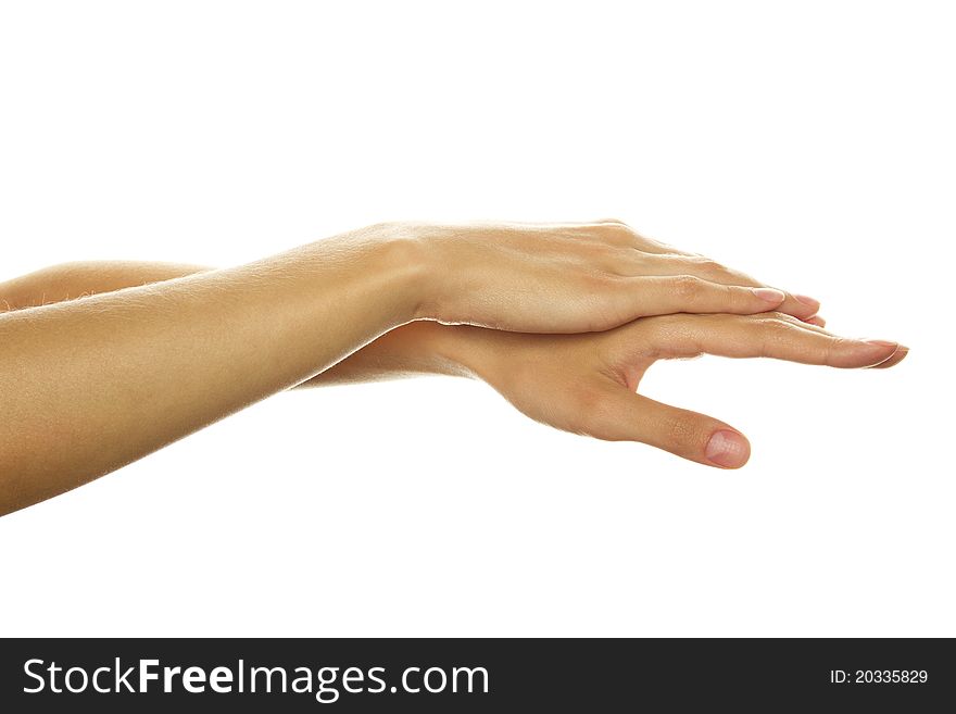 Close-up of beautiful girls hands. Isolated on a white background. Close-up of beautiful girls hands. Isolated on a white background