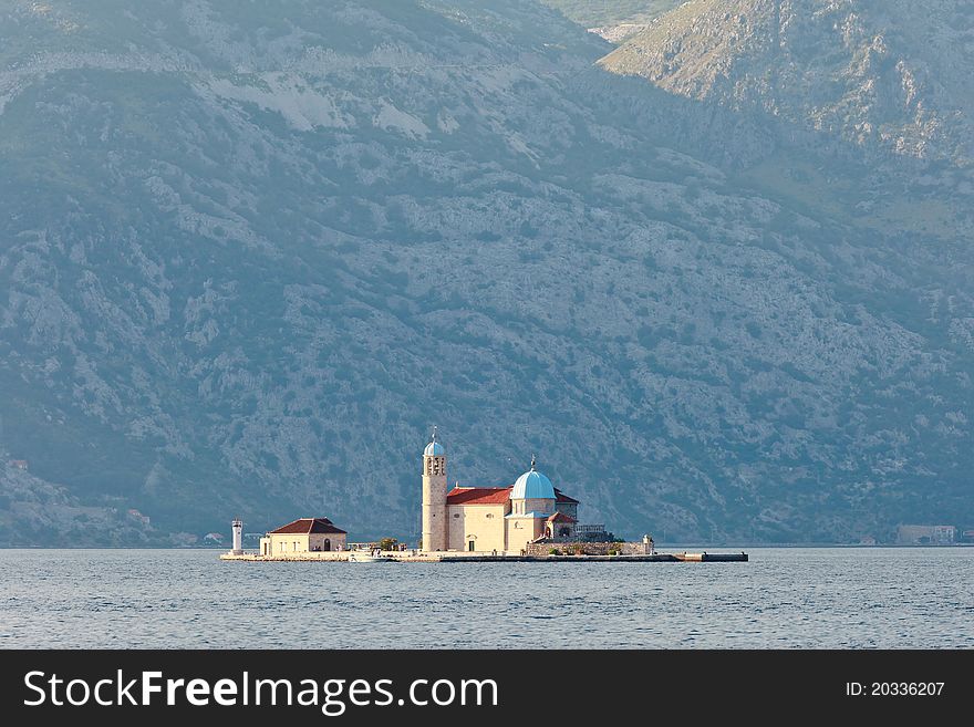The Church of Our Lady of the Rock (Gospa od Skrpjela) build in 1630 on top of an artificial island, Kotor Bay, Montenegro