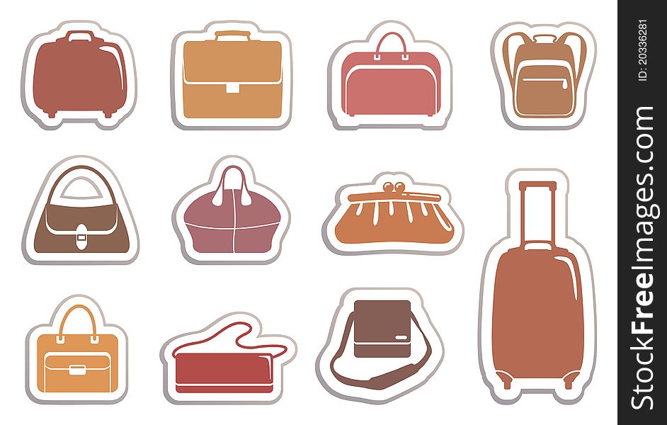 Simple icons of bags and handbags on stickers. Simple icons of bags and handbags on stickers