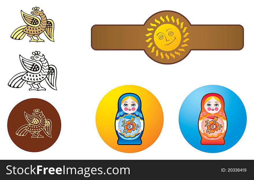 Bird, nesting dolls and sun in style of traditional Russian ornaments, templates for logo, vector illustration. Bird, nesting dolls and sun in style of traditional Russian ornaments, templates for logo, vector illustration