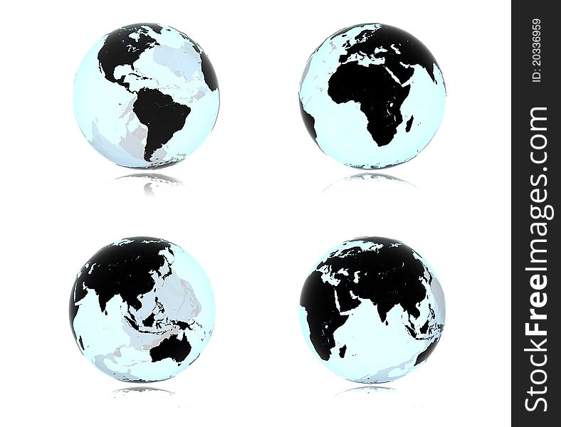 For different views of planet earth made of clear and black glass isolated on white. For different views of planet earth made of clear and black glass isolated on white.