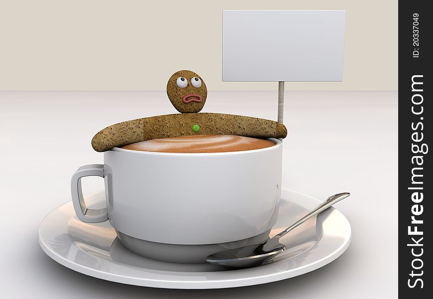 Ginger man asking for help in a cappuccino cup