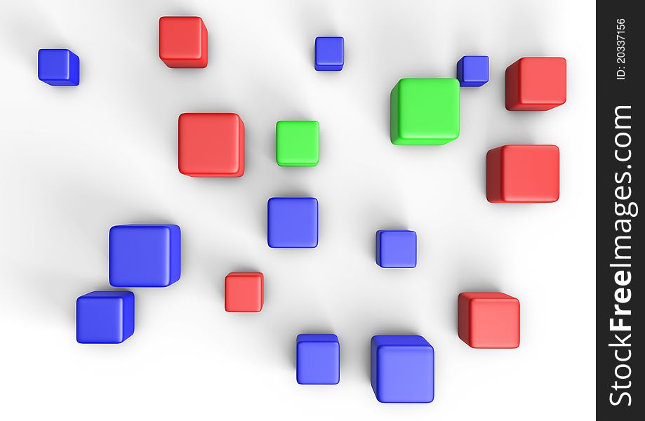 Render of some colorful cubes on a white floor