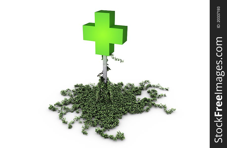 Render of a medical symbol and ivy on a white background. Render of a medical symbol and ivy on a white background
