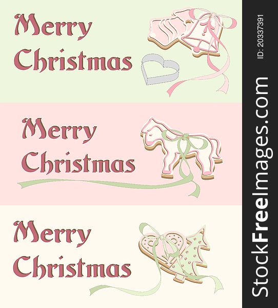 Illustrated hand-drawing christmas cards with gingerbread and ribbon - vintage. Illustrated hand-drawing christmas cards with gingerbread and ribbon - vintage