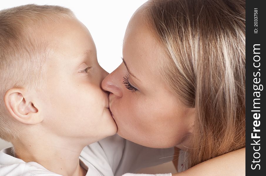 Mom and her son on a white background. Mom and her son on a white background