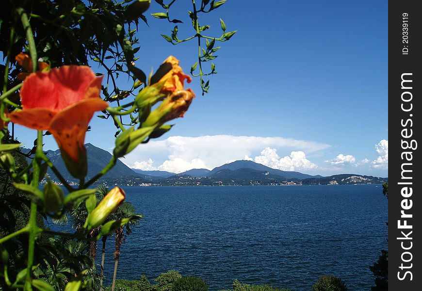 View on the Lago Maggiore Lake in Italy from the island of Isola Bella with it's botanical garden. View on the Lago Maggiore Lake in Italy from the island of Isola Bella with it's botanical garden