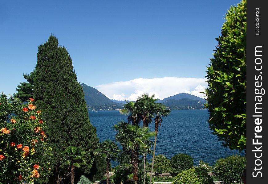 View from the botanical garden on the island of isola bella in the Lago Maggiore Lake in Italy. View from the botanical garden on the island of isola bella in the Lago Maggiore Lake in Italy