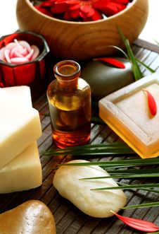 Spa Composition Of Bottle, Soap, Stones And Flower Stock Image Spa Composition Of Bottle, Soap, Stones And Flower Stock Image