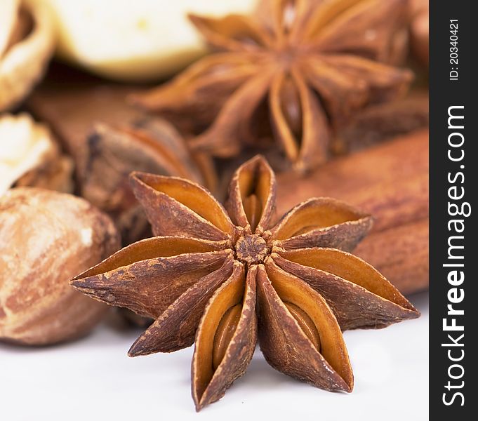 Cinnamon and Anise isolated on white background. Cinnamon and Anise isolated on white background