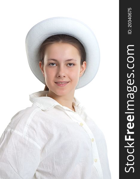 A young girl in a white hat isolated on white background