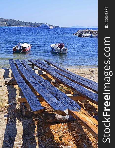 Wooden ramp for boats on the beach