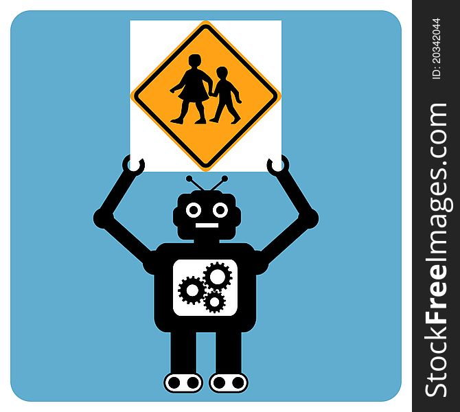 Modern robot with traffic sign children crossing background