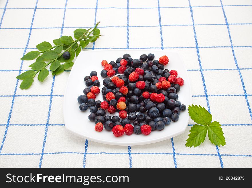 A mix of blueberries and strawberries with sprigs of greenery on a checkered tablecloth. A mix of blueberries and strawberries with sprigs of greenery on a checkered tablecloth