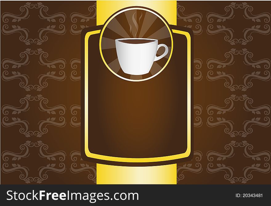 Coffee cup, brown and gold background. illustration. Coffee cup, brown and gold background. illustration