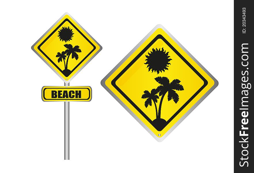 Yellow and black beach sign isolated over white background