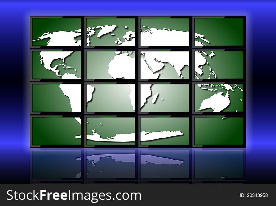 A world map displayed on a group of monitors. A world map displayed on a group of monitors