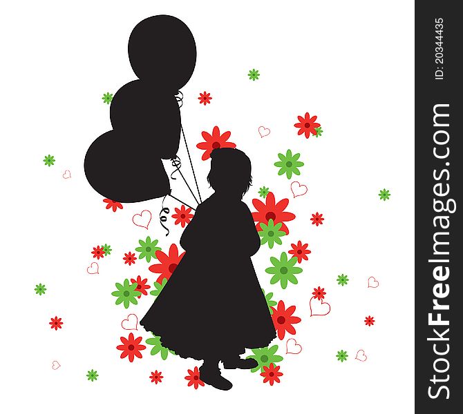 Little Girl's Silhouette with red and green flowers