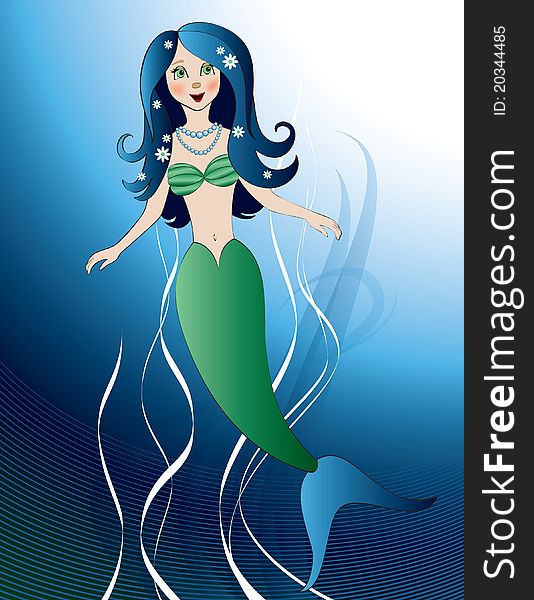 Green and blue mermaid on a blue background