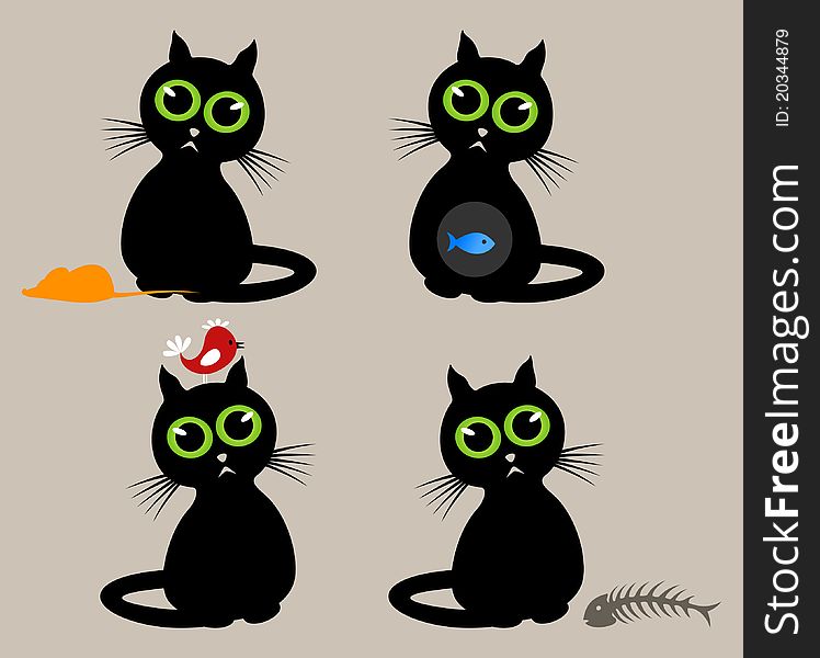 Black cat with different animals. A illustration. Black cat with different animals. A illustration