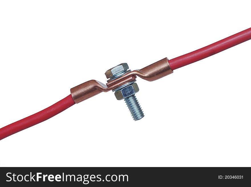 Two joint electric cables on white background