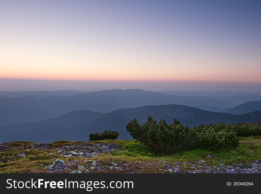 Beauty purple sunset on mountain