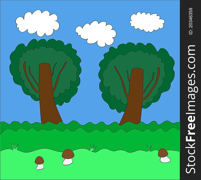 Mushrooms against green trees - vector