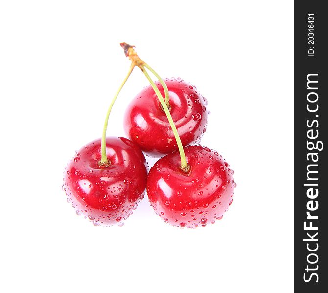 Cherry fruits covered with drops of water on a white background