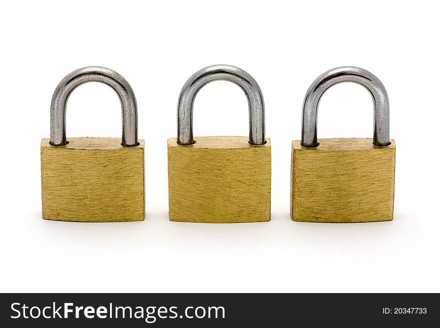Three padlocks in a row isolated on white