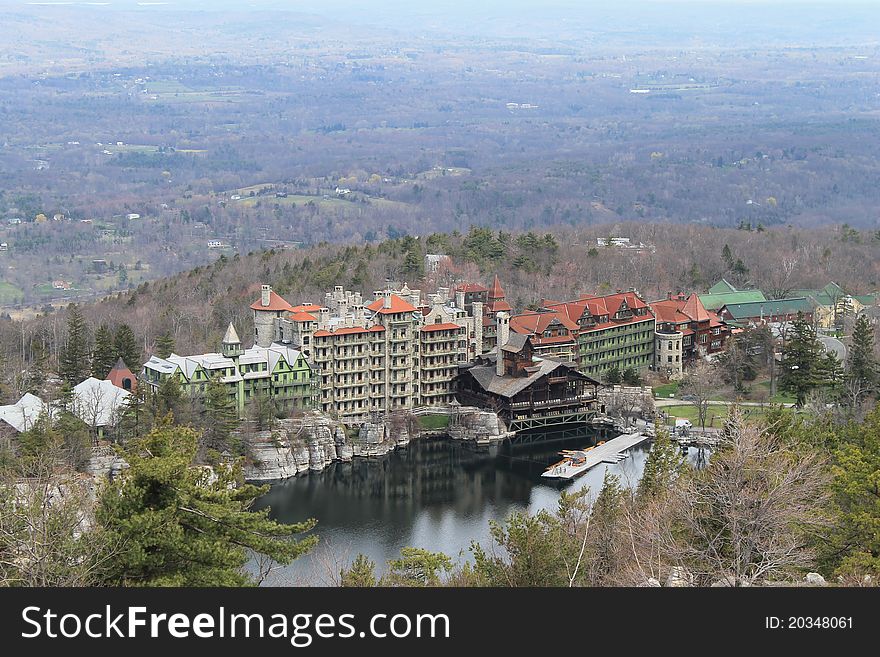 Looking down on Mohonk Lake and Mohonk Mountain House resort in the Shawangunk Mountains of New York