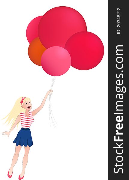 Flying girl with red, pink and orange balloons