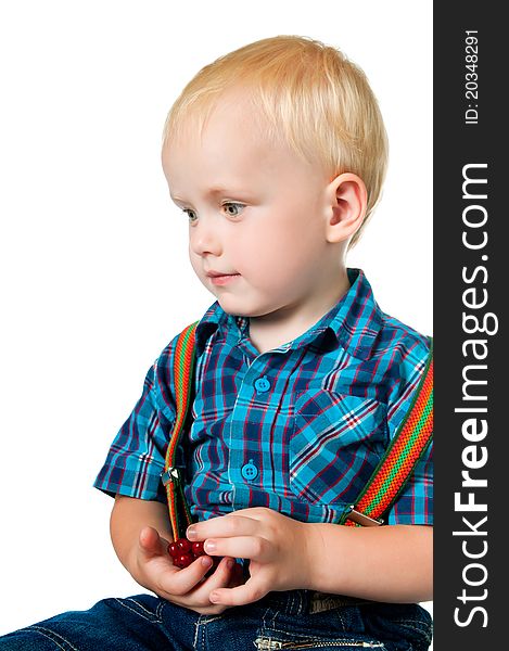 Little boy close up on white background