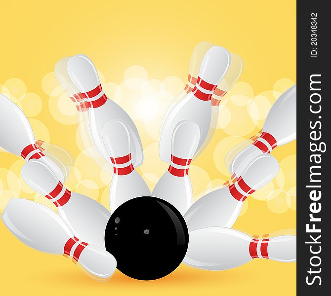 Bowling strike with blurred pins on an orange background. Bowling strike with blurred pins on an orange background