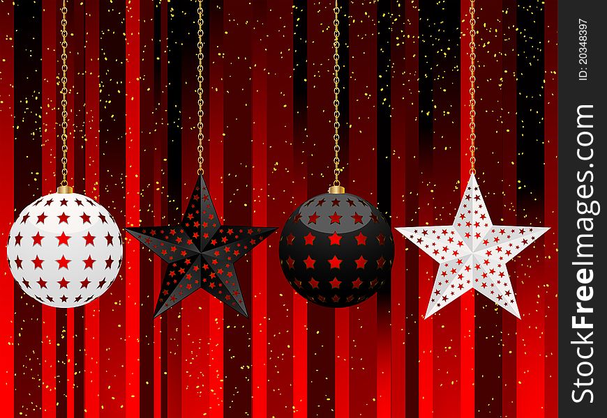 Black and white Christmas baubles with red stars on a red background with gold sparkles