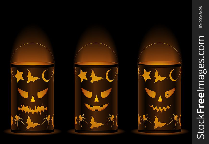 Halloween lanterns with glowing faces on a black background