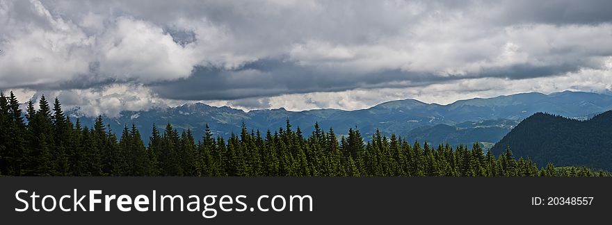 Panorama background in Carpathians. Beautiful montains and landscape in Romania.